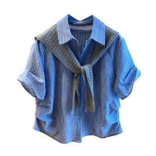大码300斤高级感披肩两件套衬衫男女短袖夏季宽松蓝色条纹衬衣潮