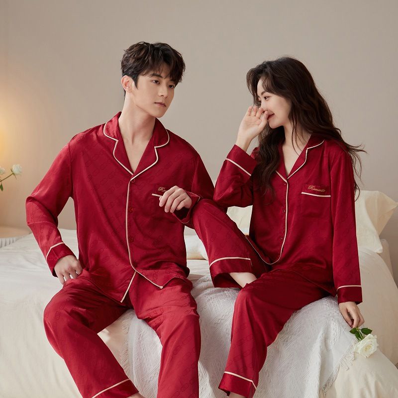 冰丝睡衣女高级感喜庆提花红色情侣秋冬纯色家居服新婚女士套装男