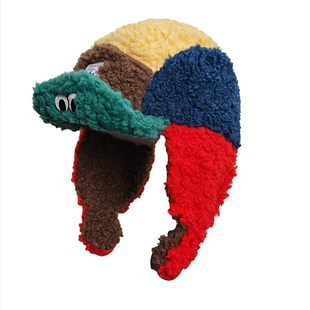 韩系新款卡通拼色可翻檐小眼睛护耳帽女秋冬季加厚保暖骑行雷锋帽