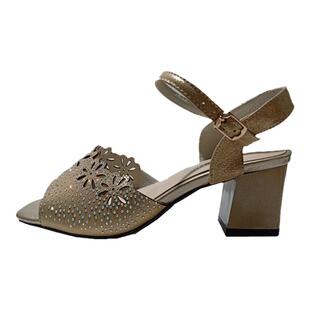 摩西米妮夏季镂空真皮露趾粗跟中跟百搭气质镶钻时装一字带女凉鞋