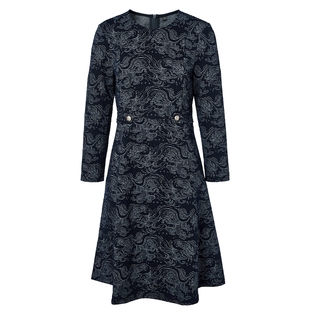 马天奴2025秋冬新款藏青色圆领收腰印花连衣裙子长袖气质时尚女装