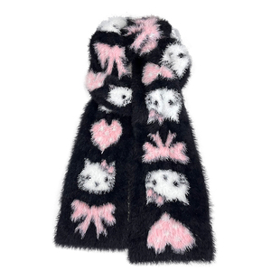 可爱粉色kt猫蝴蝶结软糯黑色针织围巾女秋冬保暖学生护颈毛绒围脖