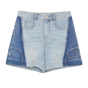 谜底A型短裤女年夏季新品复古风高腰百搭拼色牛仔裤242MK0588