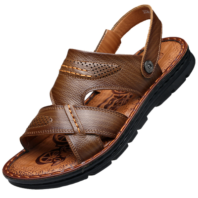 头层牛皮休闲凉拖鞋厚底透气真皮