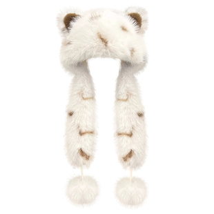 2025新款可爱熊耳吊球毛绒套头帽子女围脖一体冬季防寒保暖护耳帽