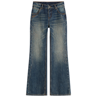 做旧重工烫铆钉中低腰微喇牛仔裤