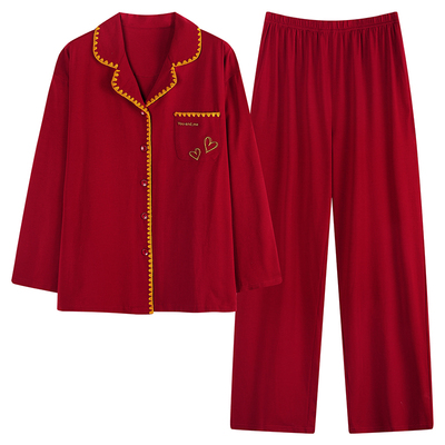 PaulCozy红色情侣睡衣春秋季新婚本命年纯棉女男士结婚家居服长袖