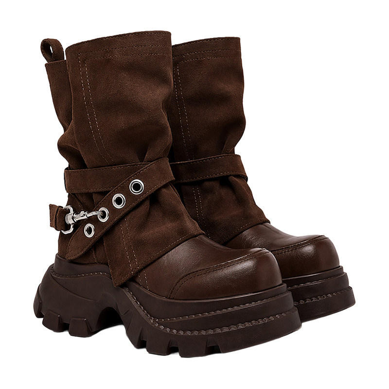 knkw复古金属扣厚底粗跟女堆堆靴