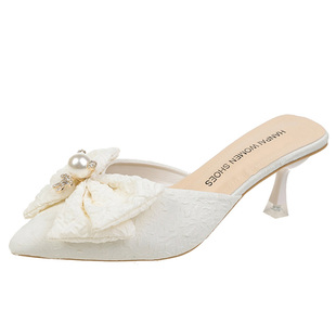 仙女风尖头半拖鞋女新款2026夏季时尚外穿法式珍珠水钻凉拖高跟鞋