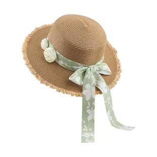 法式花朵蝴蝶结平顶礼帽草帽女夏季海边度假沙滩遮阳防晒帽太阳帽