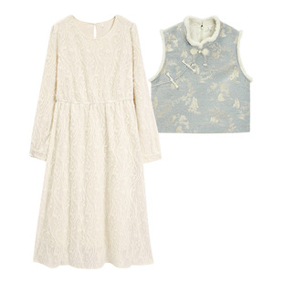 IEF/爱依服【微胖】新中式套装2025新款冬新款马夹外套长袖连衣裙