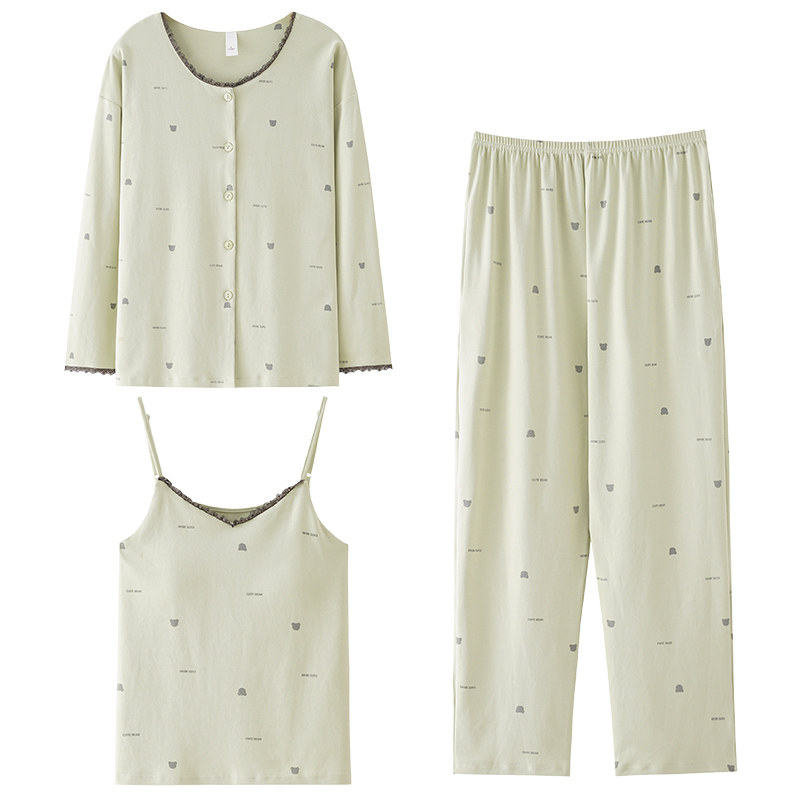 带胸垫睡衣女春秋三件套家居服