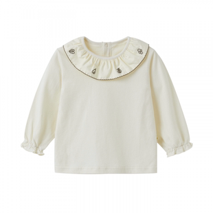 【新品】papa爬爬秋季女童T恤纯棉绣花长袖甜美打底衫洋气上衣