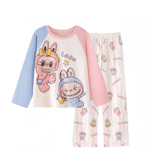 女童睡衣春秋仿棉长袖薄款拉布布卡通家居服小女孩空调服薄款套装