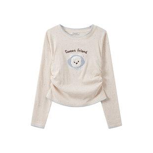 奶油的宇宙 毛绒格纹卡通正肩内搭长袖T恤女减龄小个子收腰短上衣