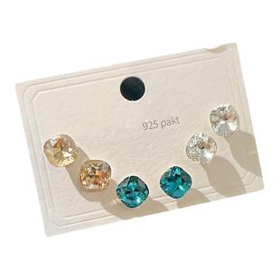 春夏奥地利亮方糖水晶一卡三对耳钉925银针组合六件套耳饰女