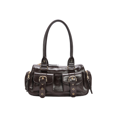 KARKKI/个奇头层牛皮复古多口袋保龄球包单肩腋下通勤法棍包女包