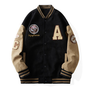 大码美式复古飞行员夹克男秋冬男士外套潮牌重磅麂皮绒棒球服加棉