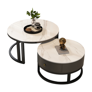 折叠岩板圆形沙发茶几客厅家用小户型茶桌玻璃极简轻奢高级感简易