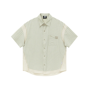 FORNINES泡泡纱条纹刺绣短袖衬衫男生夏季小众上衣潮牌美式衬衣女