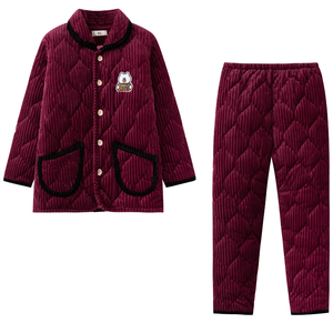 秋冬季法兰绒甜美睡衣三层夹棉加绒加厚保暖家居服女士珊瑚绒套装