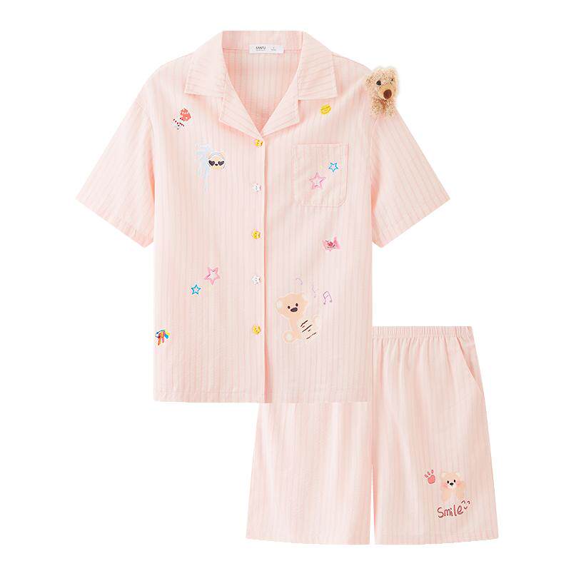 三福女夏季条纹小熊翻领睡衣套装 趣味宽松情侣家居服518000