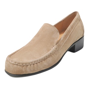 3.5cm老钱风粗跟磨砂真皮乐福鞋女中跟英伦风小皮鞋杏色懒人单鞋