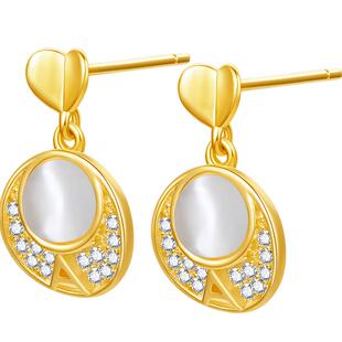 六桂福S925纯银黄金色爱心圆环耳钉女设计耳坠妇女节礼物