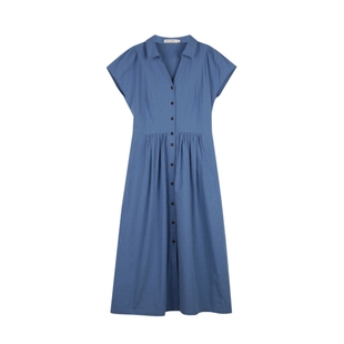 solighter 法式复古白色v领衬衫连衣裙夏季新款显瘦收腰气质长裙