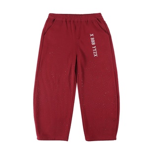 男童红色加绒运动裤子2026新款洋气中大童加厚冬季满天星烫钻卫裤