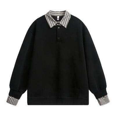 ALLIN 复古假两件衬衫拼接翻领卫衣男春秋季潮牌宽松情侣休闲外套