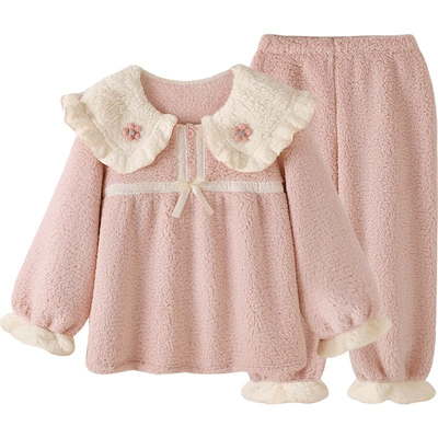 女童日系甜美加厚珊瑚绒睡衣冬季长袖可外穿家居服套装可爱卡通