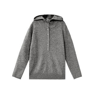 大女孩半开扣连帽针织衫25冬装新款女童原创毛衣宽松灰色130~170