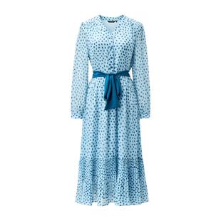 颜域浅蓝波点连衣裙女2026早春新款V领宽松拼接百褶法式浪漫长裙