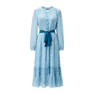 颜域浅蓝波点百褶法式连衣裙