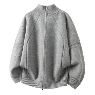 V37美式浅灰色双拉链立领针开衫毛衣男冬复古宽松拼接针织衫外套