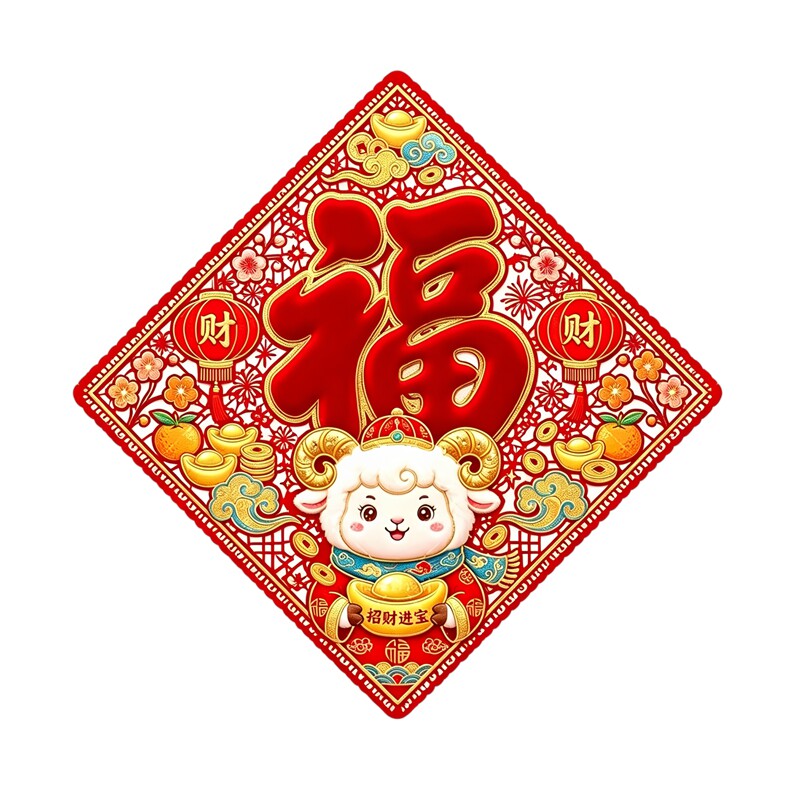 菱形福字卡通小羊窗花抱元宝灯笼橘子羊年招财进宝新春窗花贴纸画