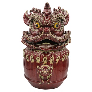 【本尼家】中式红色狮头高温瓷高档鼓上狮艺术装饰玄关摆件