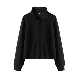 班尼路黑色立领开衫外套女春夏新款柔软亲肤宽松休闲短款上衣女N