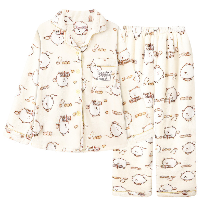 日系自嘲熊睡衣女冬珊瑚绒加厚加睡衣/家居服套装
