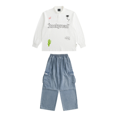 ROCKYROAD童装美式潮牌字母印花翻领长袖POLO衫大口袋工装牛仔裤