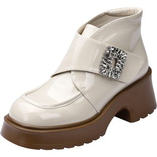 Hongkee/红科短靴2023秋冬新款女鞋优雅厚底粗跟女靴白色HA53S406