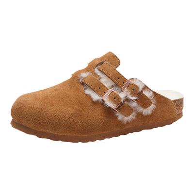 Devo/的沃软木拖鞋包头绒面加毛加绒保暖半拖外穿套脚女鞋22003