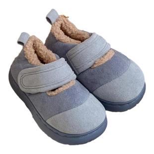 细细条 保暖儿童豆豆鞋休闲平底加绒男童女童简约魔术贴棉拖鞋冬