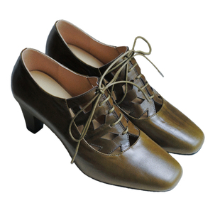 奈里法式镂空设计复古牛皮深口系带高跟鞋民国配香云纱旗袍小皮鞋