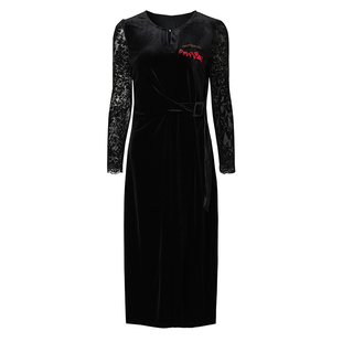 海青蓝 秋冬蕾丝连衣裙女2025年新款长袖女装洋气时尚黑色裙子