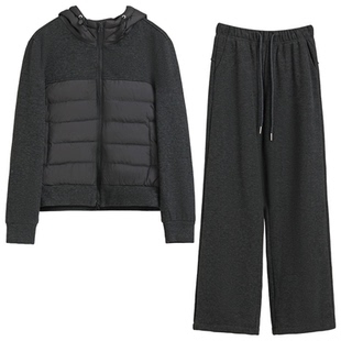 冬季加绒运动棉服套装女2025气质穿搭整套高级感深灰色连帽两件套