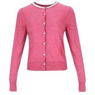 马天奴女装春秋款时尚钉珠针织开衫卡其色圆领长袖上衣小衫毛衫