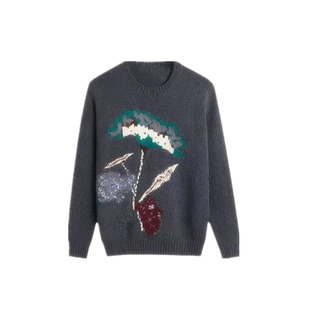 杨超越同款复古趣味图案圆领毛衣女2026春季氛围感百搭针织衫上衣