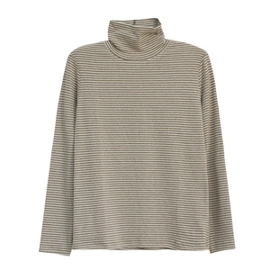 谷家 简约百搭高领条纹长袖打底衫女 文艺休闲细条T恤衫 春秋新款